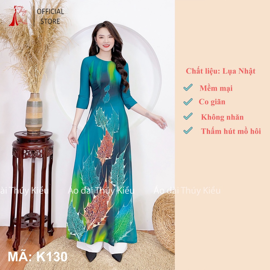 Áo dài trung niên may sẵn thiết kế đẹp cách tân tết nền xanh lạ K130 Thúy Kiều mềm mại, co giãn, áo dài giá rẻ