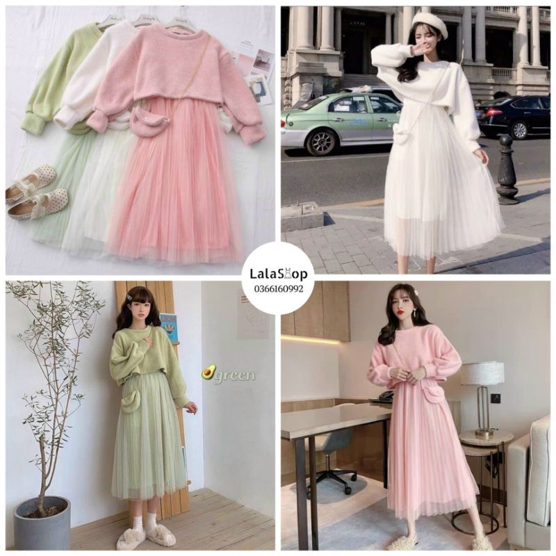 Set Đầm 3 Món: Áo Dạ + Đầm Xòe Phối Lưới Dập Ly + Túi Đeo Lala Shop
