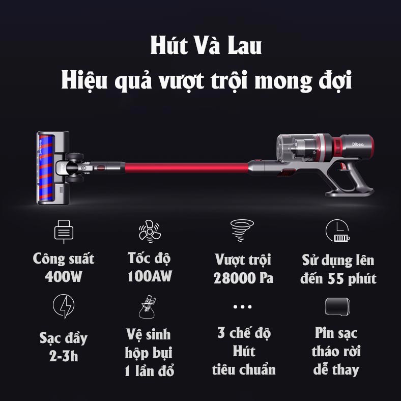 Máy hút bụi cầm tay không dây Dibea F20 Max siêu mạnh mẽ, hút và lau, tia uv-c diệt khuẩn, hàng chính hãng