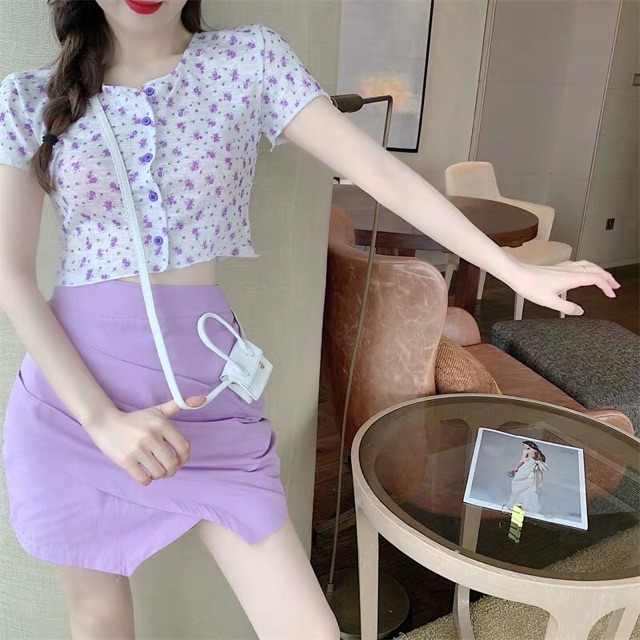 (Bán rời) Set chân váy màu tím xéo tà và áo thun giấy croptop hoa nhí tím ulzzang xinh xắn đi chơi du lịch