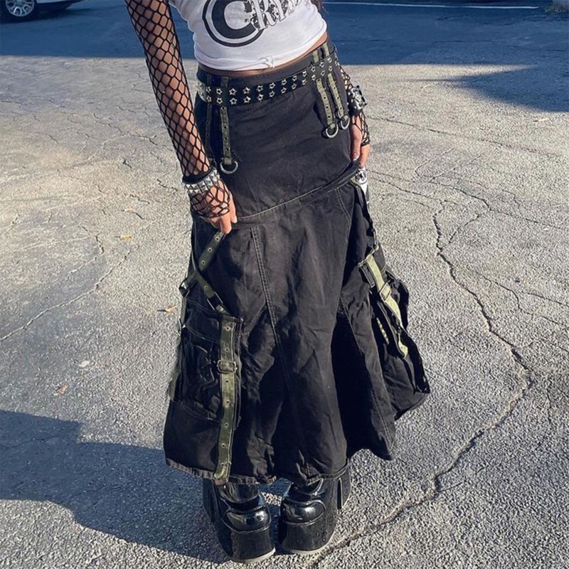 Brroa Chân Váy Midi Dáng Chữ A Dài Lưng Thấp Phối Vòng Kim Loại Phong Cách Gothic Punk Harajuku Đường Phố Cho Nữ