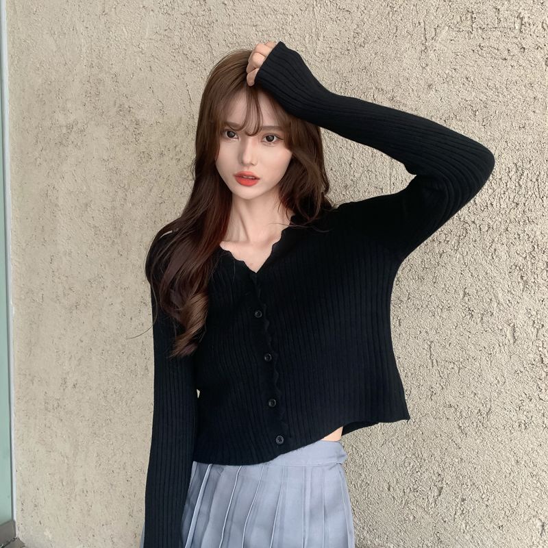 💓áo croptop tay dài Áo Cardigan Dệt Kim Tay Dài Cổ Chữ v Màu Hồng Kèm Quần Lưng Cao Thời Trang Dành Cho Nữ