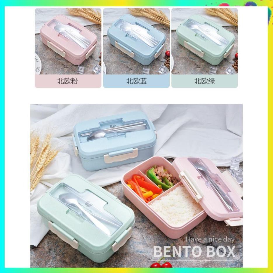 Hộp cơm bento - Hộp cơm văn phòng nhựa lúa mạch kèm đũa thìa inox tiện dụng - Gia dụng