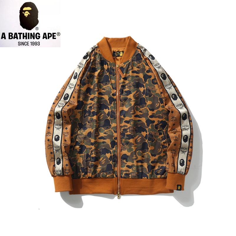 Áo Khoác Bóng Chày Bape 100% Chính Hãng X MCM Họa Tiết Rằn Ri Phong Cách Đường Phố Mỹ Cá Tính Cho Nam