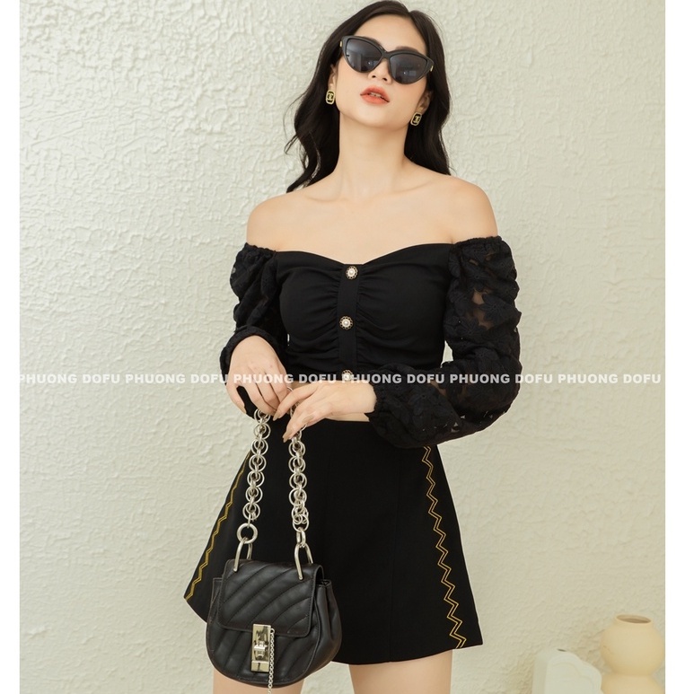 Set áo trễ vai tay phồng phối ren hoa thêu và quần short lưng cao thêu hoa văn sóng nước - Kaylin Croptop - Phương Dofu