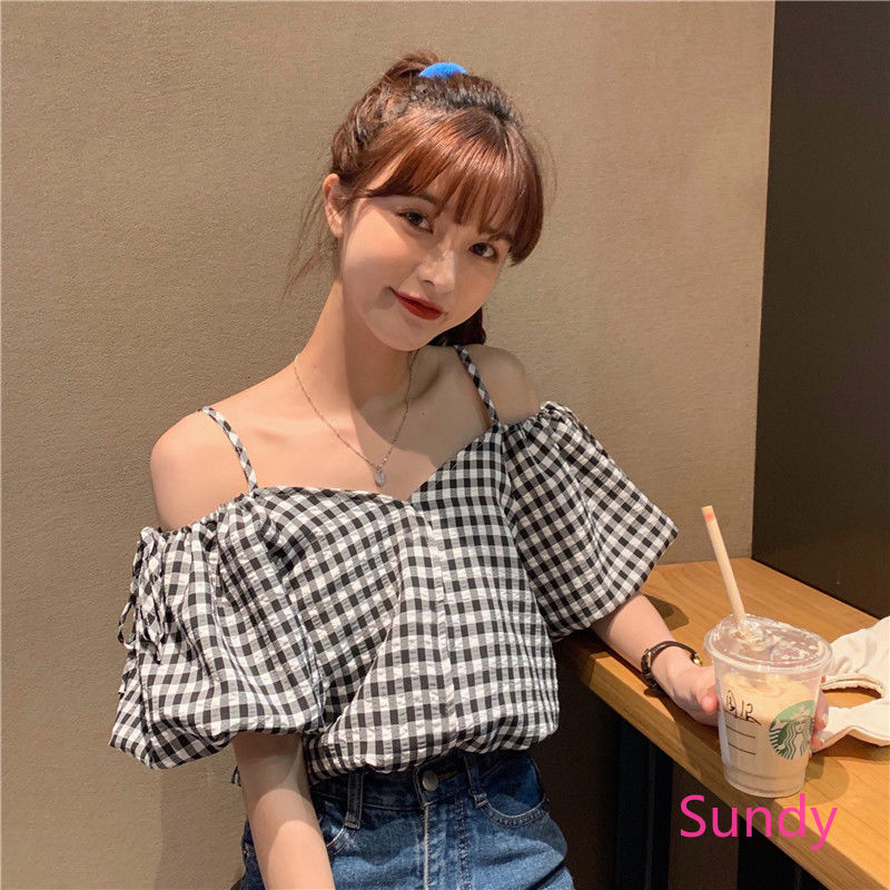 Áo Trễ Vai Tay Phồng Họa Tiết Ca Rô Phong Cách Hàn Quốc Cho Nữ