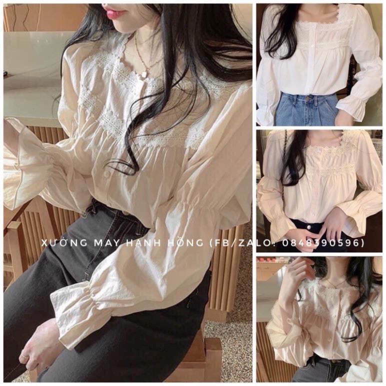 Áo sơ mi trắng ulzzang cổ vuông bánh bèo, áo kiểu tay bồng vintage cực xinh - Xưởng May Hạnh Hồng 💝