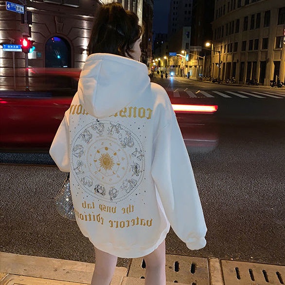 Velvet and thickened hooded sweater women's Korean version loose American vintage vibe style niche design medium-and long-style blouse