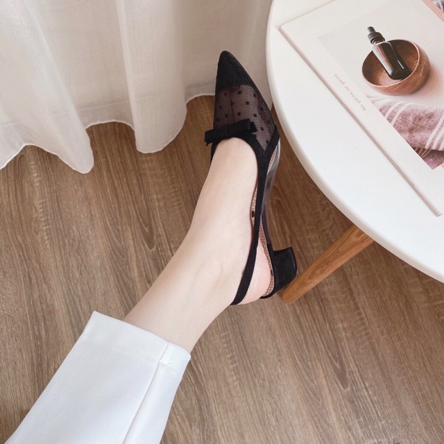 Gót vuông 3cm thân lưới chấm bi lòng in lưới huyền bé