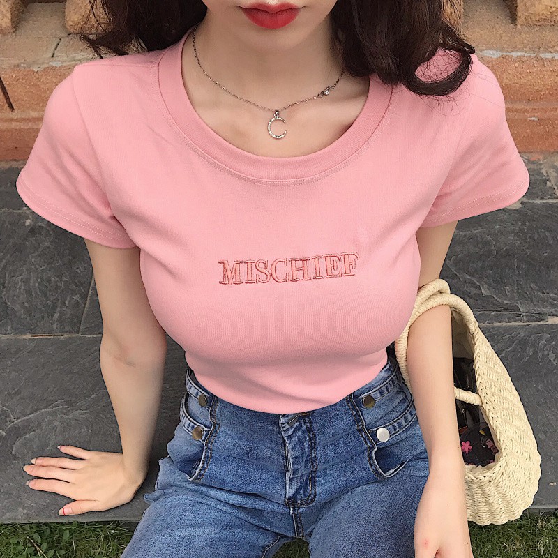 Áo thun nữ tay ngắn cố tròn thêu chữ phong cách Hàn Quốc