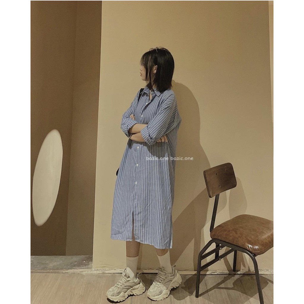 [Ảnh thật] Đầm - Váy sơ mi kẻ sọc dài tay kèm đai ulzzang