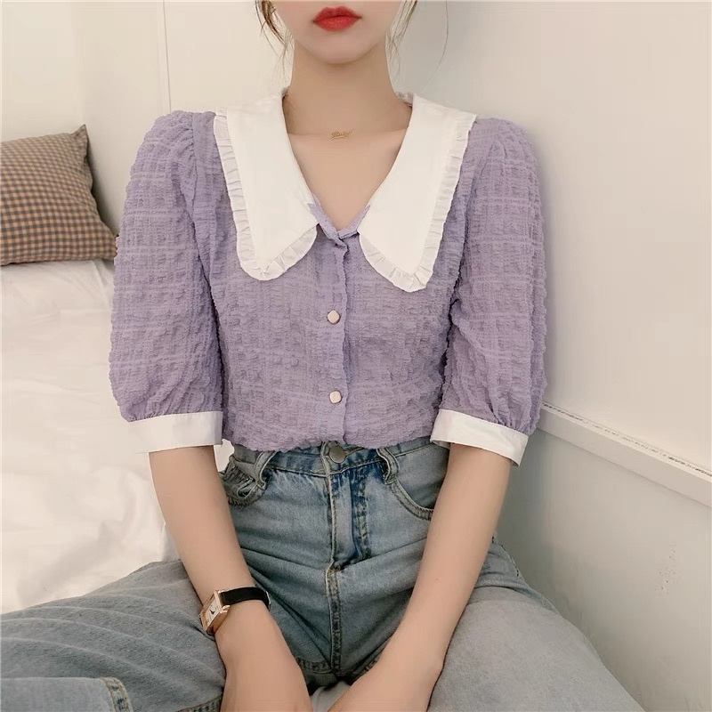 MS680 Áo sơ mi cộc tay dập nổi cổ tam giác xếp li bèo