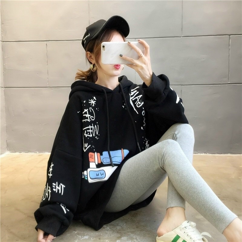 Áo Khoác Nữ HOODIE Chất Nỉ Form Rộng Hai Dây Không Khoá Kéo Trắng Và Đen