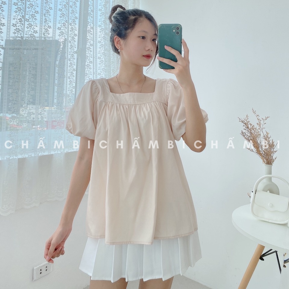 [SALE] Áo kiểu babydoll A.228, Áo babydoll cổ vuông tay ngắn bồng tiểu thư