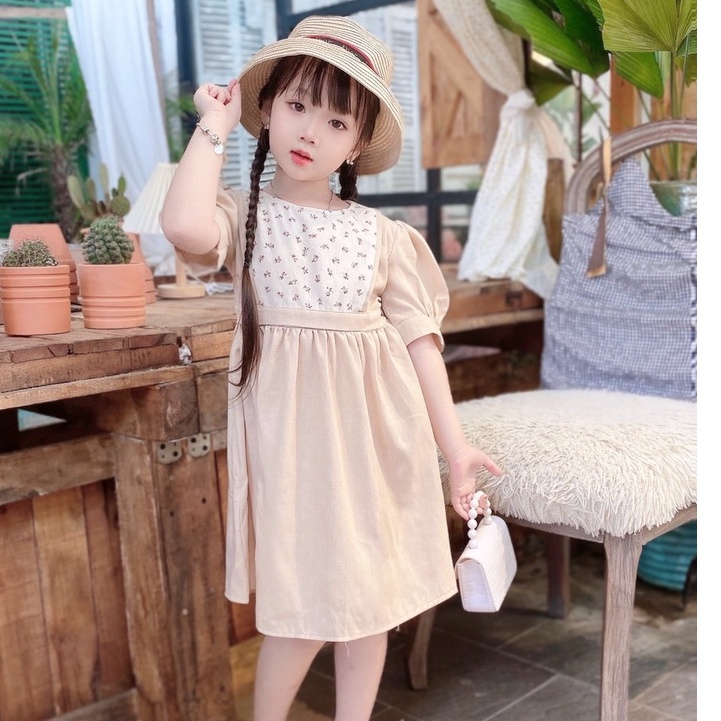 Váy Trẻ Em lửng tay thu đông Vintage Chất liệu Linen cực Sang chảnh váy hoa nhí cho bé 8-32kg