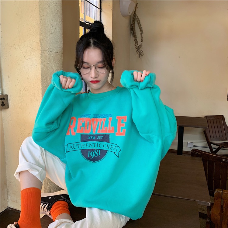 Áo sweater tay dài cổ tròn dáng rộng in chữ cá tính 31270