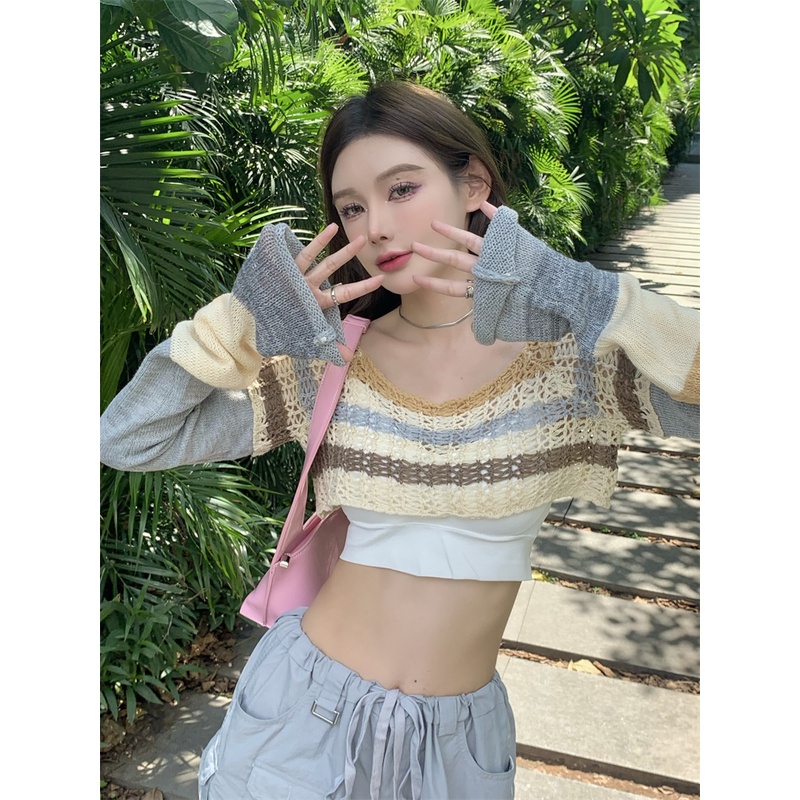 QKOOLE Áo croptop  dệt kim tay dài phong cách cổ điển Hàn Quốc cho nữ