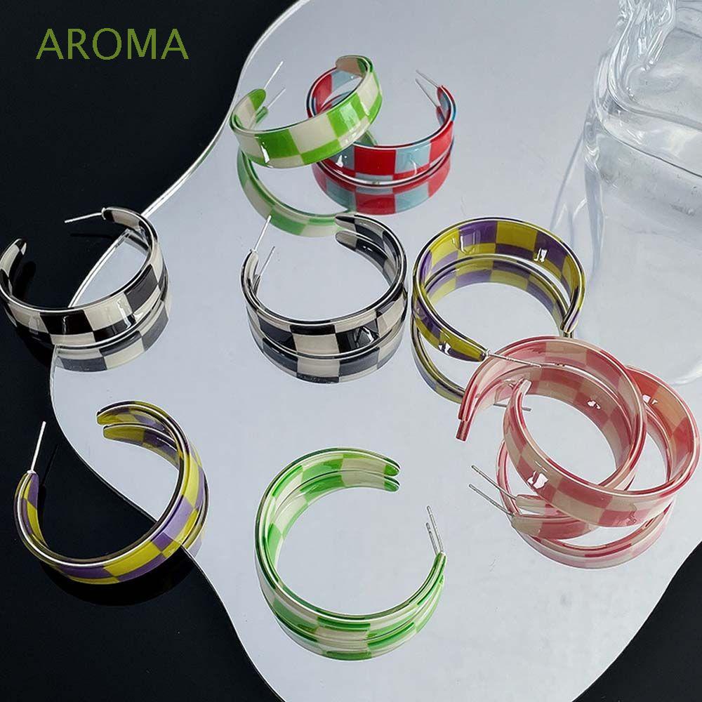 Khuyên tai xỏ hình chữ C lớn họa tiết caro nhiều màu sắc phong cách Hàn Quốc thời trang cá tính cho nữ