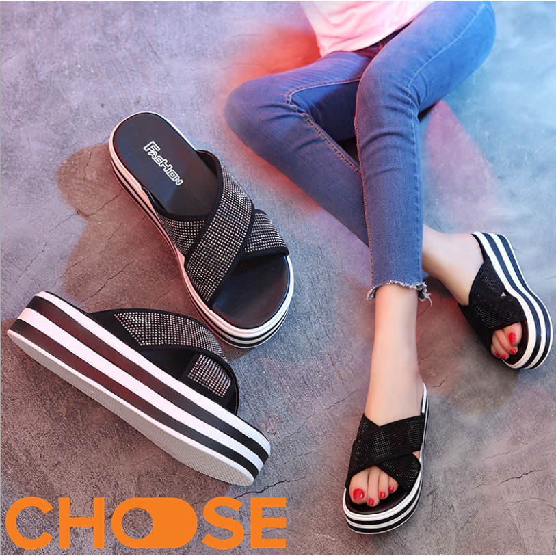 Giày Nữ Dép Nữ Quai Chữ X Choose Đính Hột Lấp Lánh Đế Độn Tăng Chiều Cao G131K