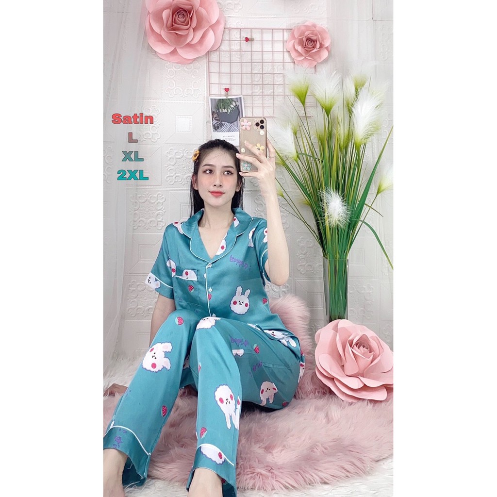 ĐỒ BỘ PIJAMA LỤA SATIN IN HÌNH QUẦN DÀI TAY NGẮN | BigBuy360 - bigbuy360.vn