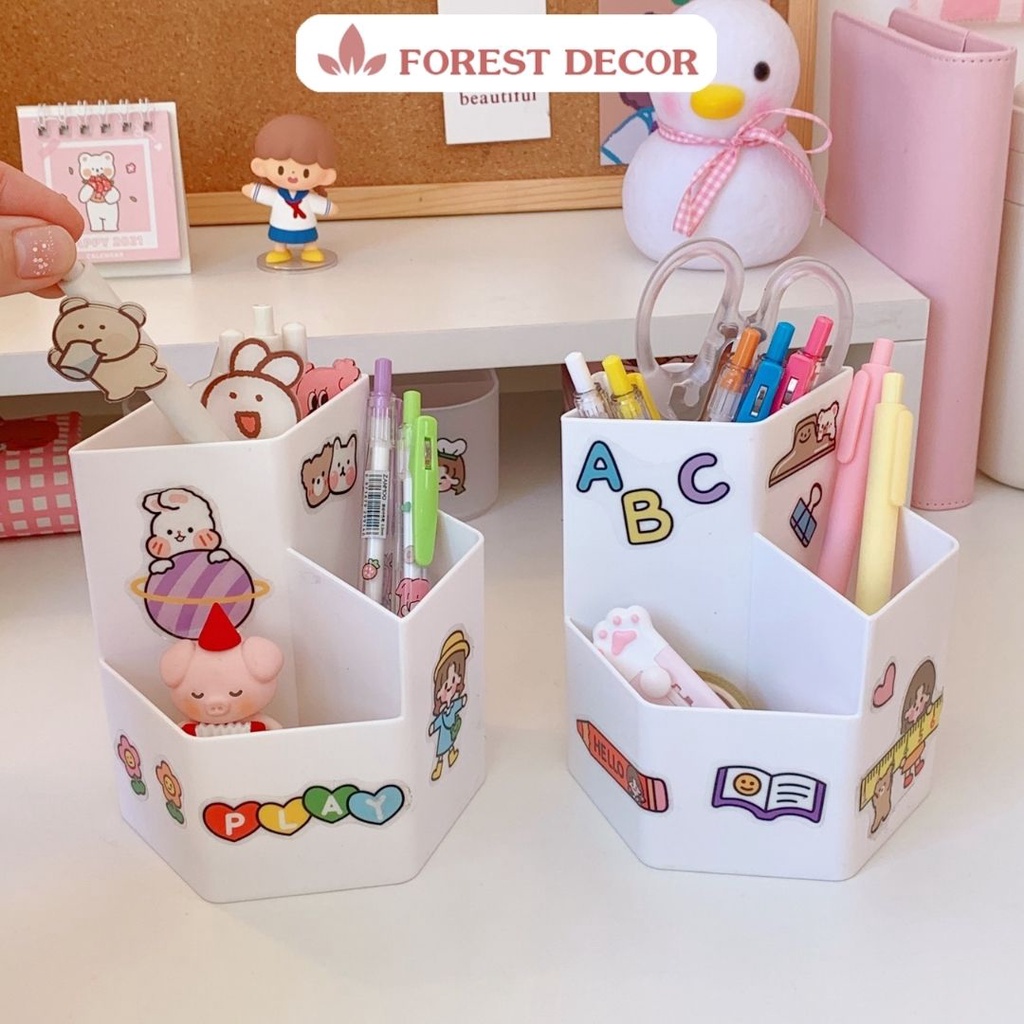 Ống cắm bút 3 ngăn để bàn, kệ nhựa đa năng đựng mỹ phẩm, đồ dùng học tập, decor FD106 (tặng kèm sticker dễ thương)