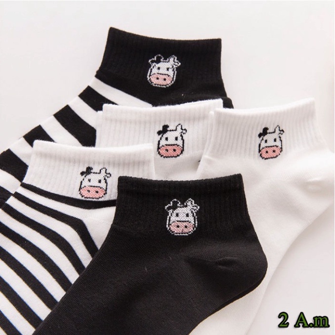Sét 5 Đôi Tất Bò SữaFREESHIPTất Vớ Cổ Ngắn Nam Nữ Họa Tiết Bò Sữa Cotton Style Hàn Quốc