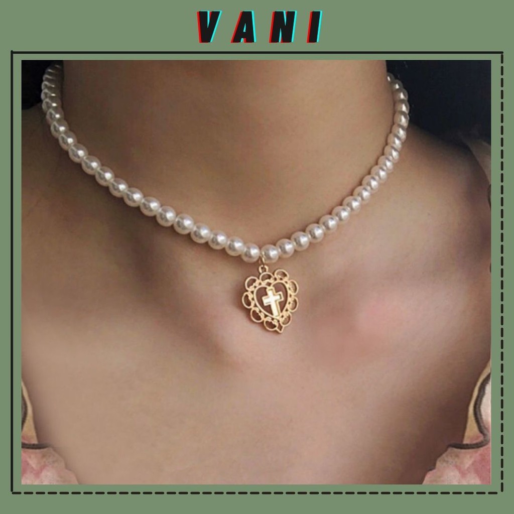 Vòng Cổ Necklace Choker Ngọc Trai Nhân Tạo Charm Tim Rỗng Phối Thánh Giá Vintage