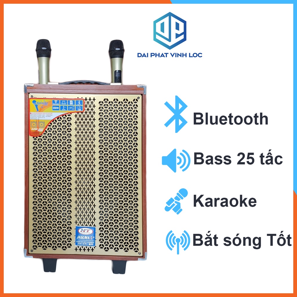 Loa Kéo Mini Jagumax KS252 2.5 Tấc Karaoke Đọc Được Usb Thẻ Nhớ guitar Công Suất 200w Tay Kéo Vân Gỗ Tặng 2Mic Bluetooth