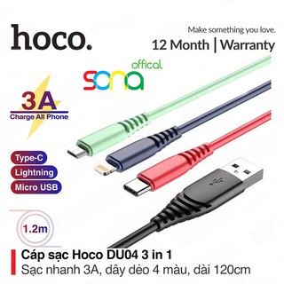 Dây sạc nhanh 3 đầu, cáp sạc bọc dù, vào điện nhanh 3a du04 hoco chính hãng bảo hành 1 năm - sona offical