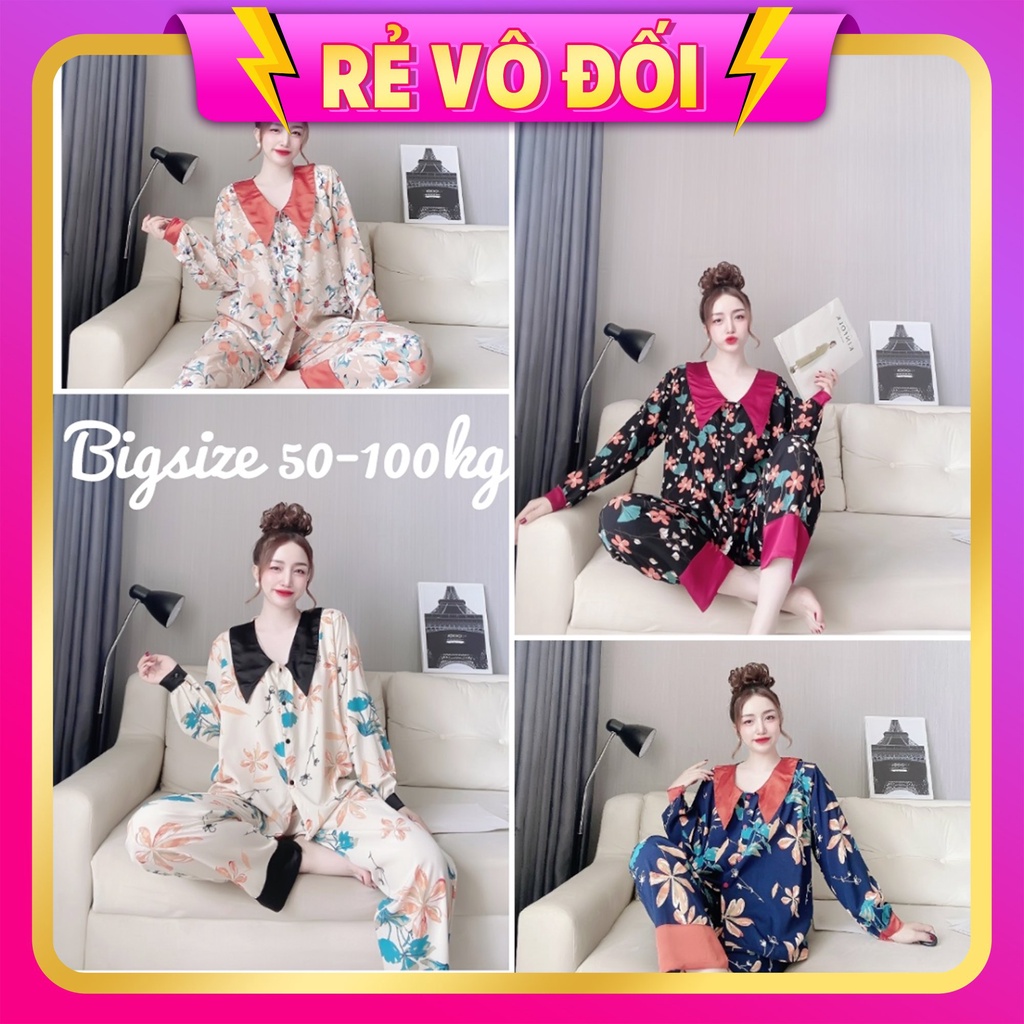 Đồ Bộ Tay Dài Cổ Nhọn 50-100kg Bigsize Lụa Nhật Mặc Nhà Cho Nàng Múp