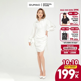 Đầm nữ sơ mi rút sườn GUMAC màu trắng dáng ôm quyến rũ DB5125