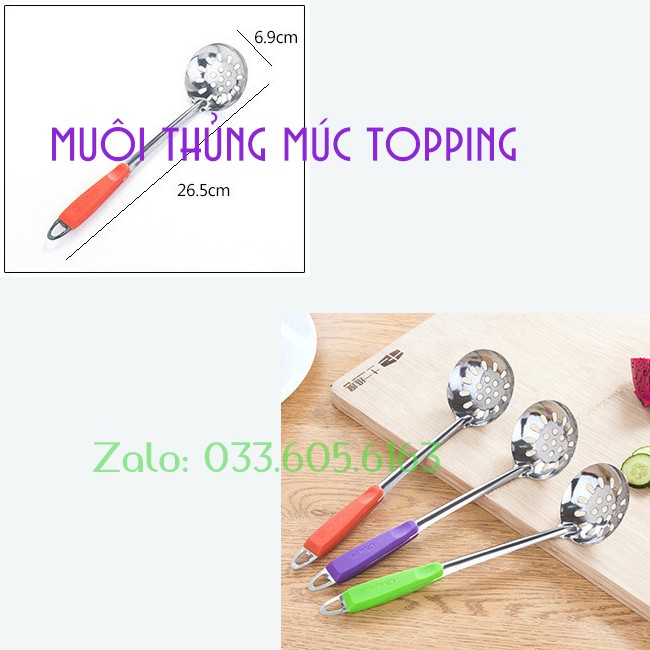 Muôi múc trân châu Inox cán ốp nhựa chống nóng Muôi thủng vợt topping Muỗng vớt đồ lẩu Muôi thủng múc thạch nấu chè