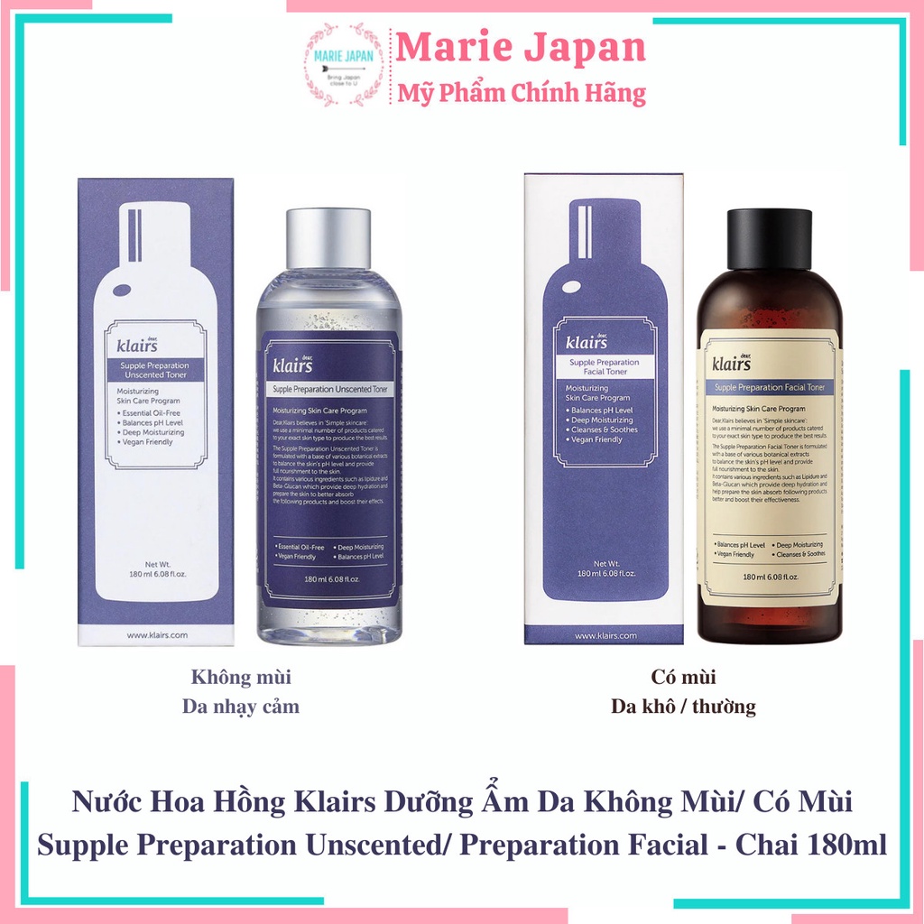 Nước Hoa Hồng Klairs Dưỡng Ẩm Da Supple Preparation Unscented Toner Chai 180ml