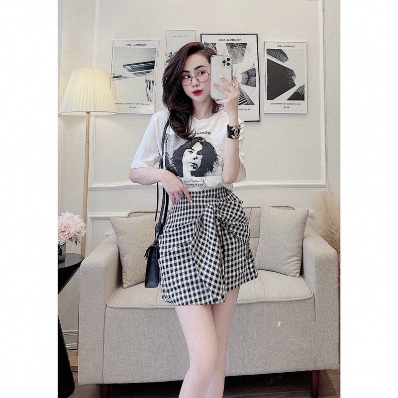 SET ÁO THUN COTTON 3D MIX CHÂN VÂY CARO KẺ RÚM HÔNG CỰC ĐIỆU !!