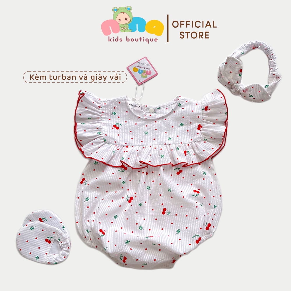 Body cherry cho bé gái Nina Kids Boutique Bộ Jumsuit cho bé gái sơ sinh Đầy tháng Kèm băng đô nơ và giày vải Size 0m 24m