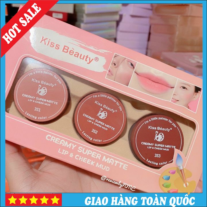 CHÍNH HÃNG Set Kiss Beauty Son Creamy Super Matte Đa Năng Set 3 Hũ Vừa Làm Son Vừa Làm Má Hồng