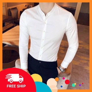 Áo Sơ Mi Nam Cổ Trụ Trắng Hàn Quốc