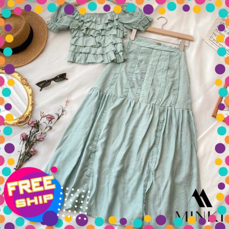 [SALE_SỐC_45%] [HÀNG THIẾT KẾ] SET ÁO BÈO NHÚN + CHÂN VÁY DÀI - CHẤT LANH LỤA NHẬP KHẨU - MÀU XANH/ TRẮNG [SIÊU PHẨM] | BigBuy360 - bigbuy360.vn