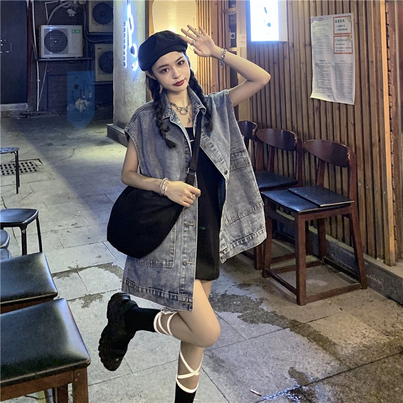 Áo khoác denim dáng dài rộng, Áo gile jean mỏng mùa hè phiên bản Hàn Quốc