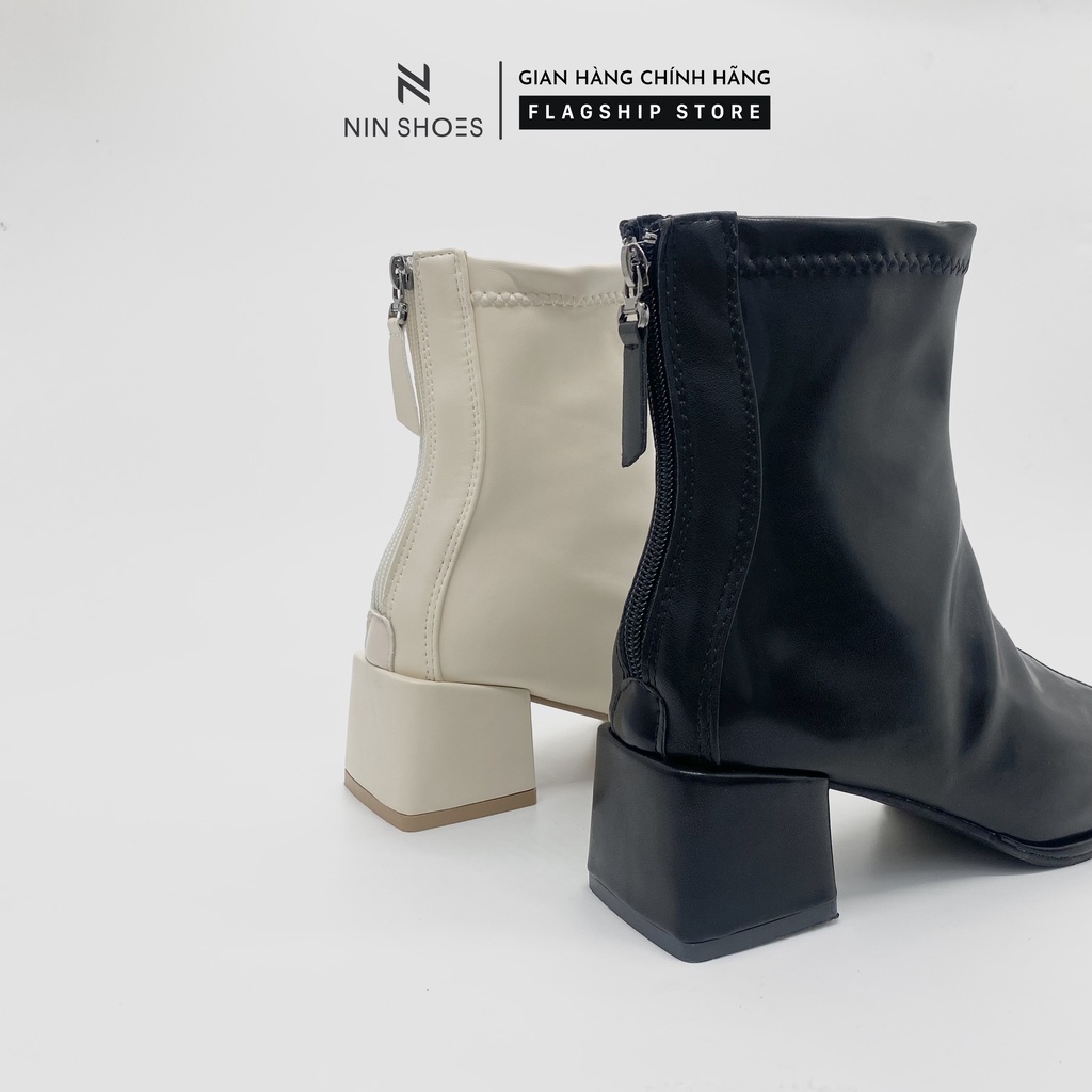 Giày Boot nữ 3p gót vuông chỉ gchéo kéo khóa sau da si Ninshoes | WebRaoVat - webraovat.net.vn