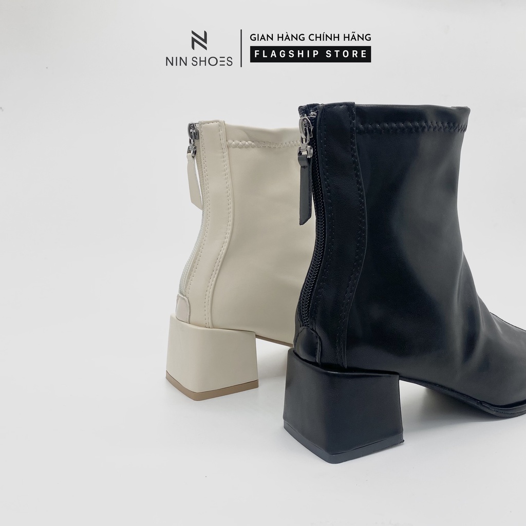 Giày Boot nữ 3p gót vuông chỉ gchéo kéo khóa sau da si Ninshoes | BigBuy360 - bigbuy360.vn