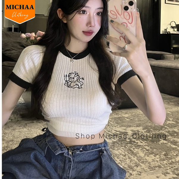 Áo Croptop Ôm Body Nữ DEVIL THÊU Cổ Tròn Tay Ngắn, Áo Thun Croptop Kiểu In Họa Tiết - MICHAA CR93