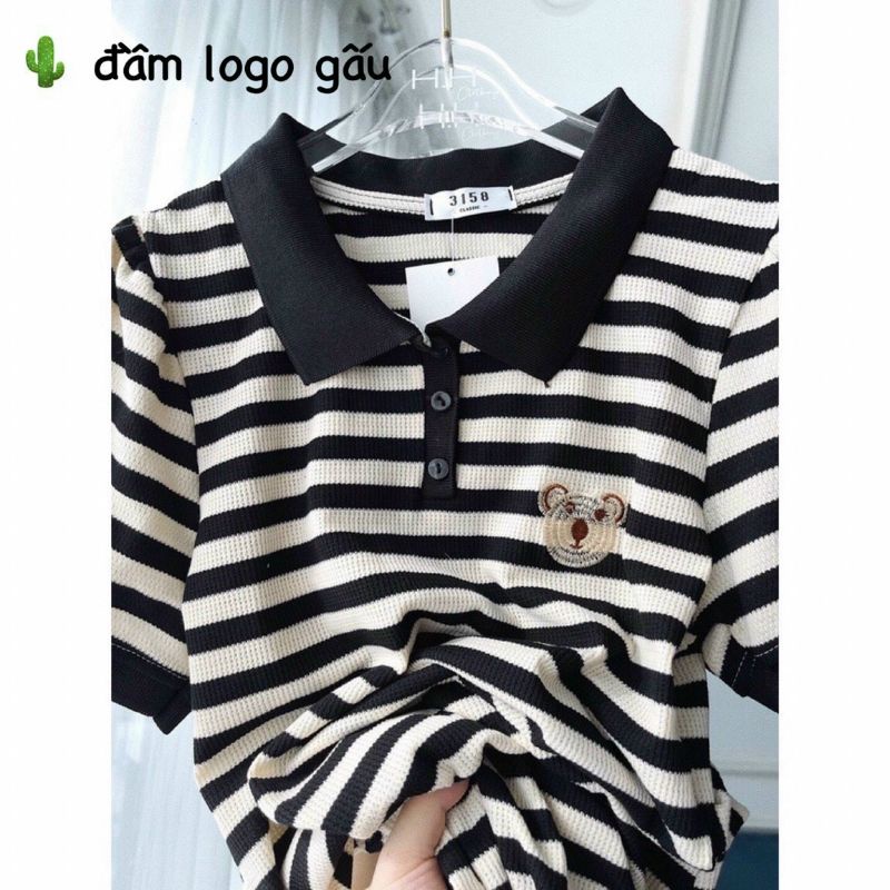 Váy Len Ngắn Tay Kẻ Sọc Thời Trang Đầm Thun Polo Dáng Suông Dài pc đầm logo gấu