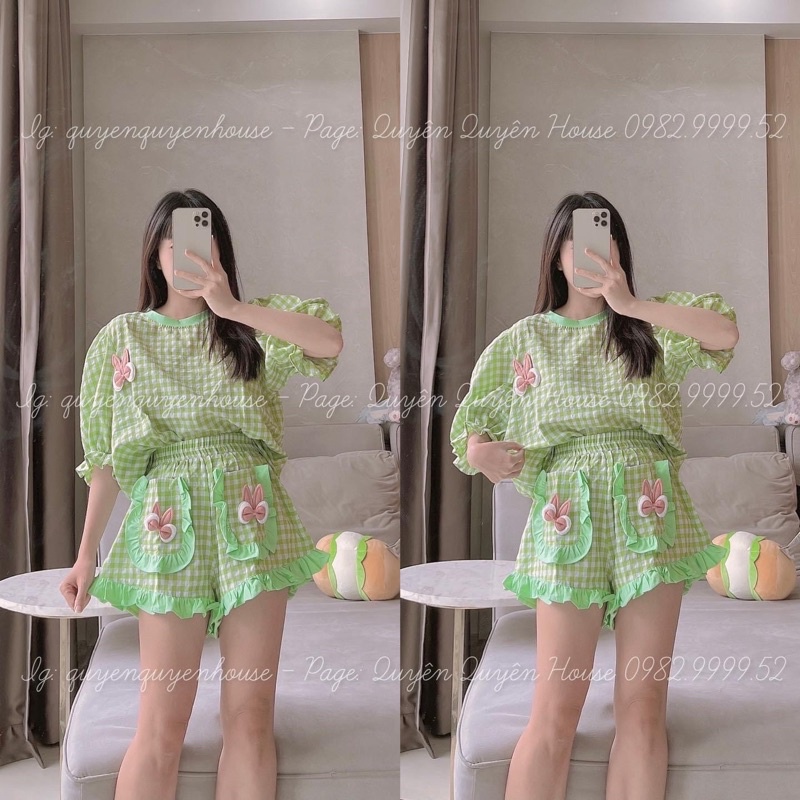 Set caro xinh yêu quần bèo phối viền đủ màu