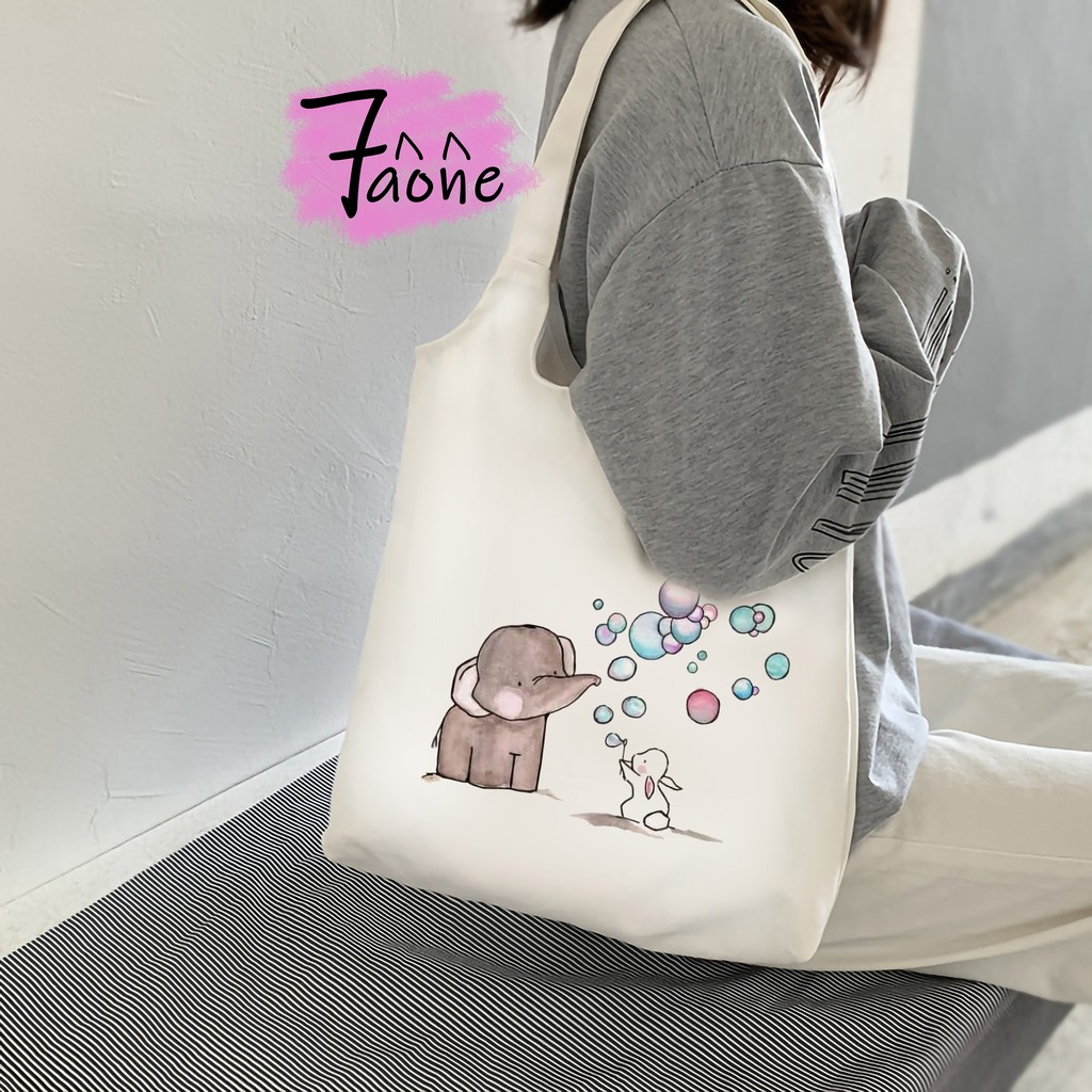 [Mã FASHIONT4WA2 giảm 10K đơn từ 50K] TÚI TOTE QUAI TRÒN VOI VUI VẺ ĐEO VAI CÓ TÚI CON VẢI CANVAS