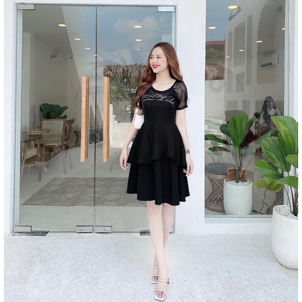 Đầm nữ đầm dự tiệc 2 tầng thêu nhũ tay phồng chất ford chéo cao cấp CHIBEST DH029
