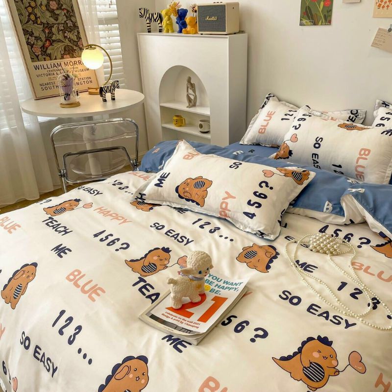 Bộ Chăn Ga Gối Khủng Long Học Chữ Cotton Poly