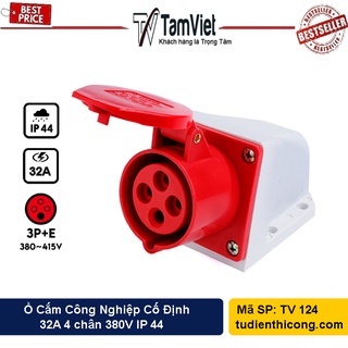 Ổ cắm điện gắn tường 3 pha 32A 4 chấu (cố định) - Ổ phích cắm công nghiệp Tâm Việt màu đỏ 380V