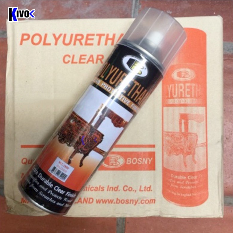 Bình Xịt Bóng Đồ Gỗ Màu 1900 PU Polyurethane Bosny CHÍNH HIỆU - Chai Sơn Xịt Đánh Bóng Gỗ Không Màu CAO CẤP - Kivo