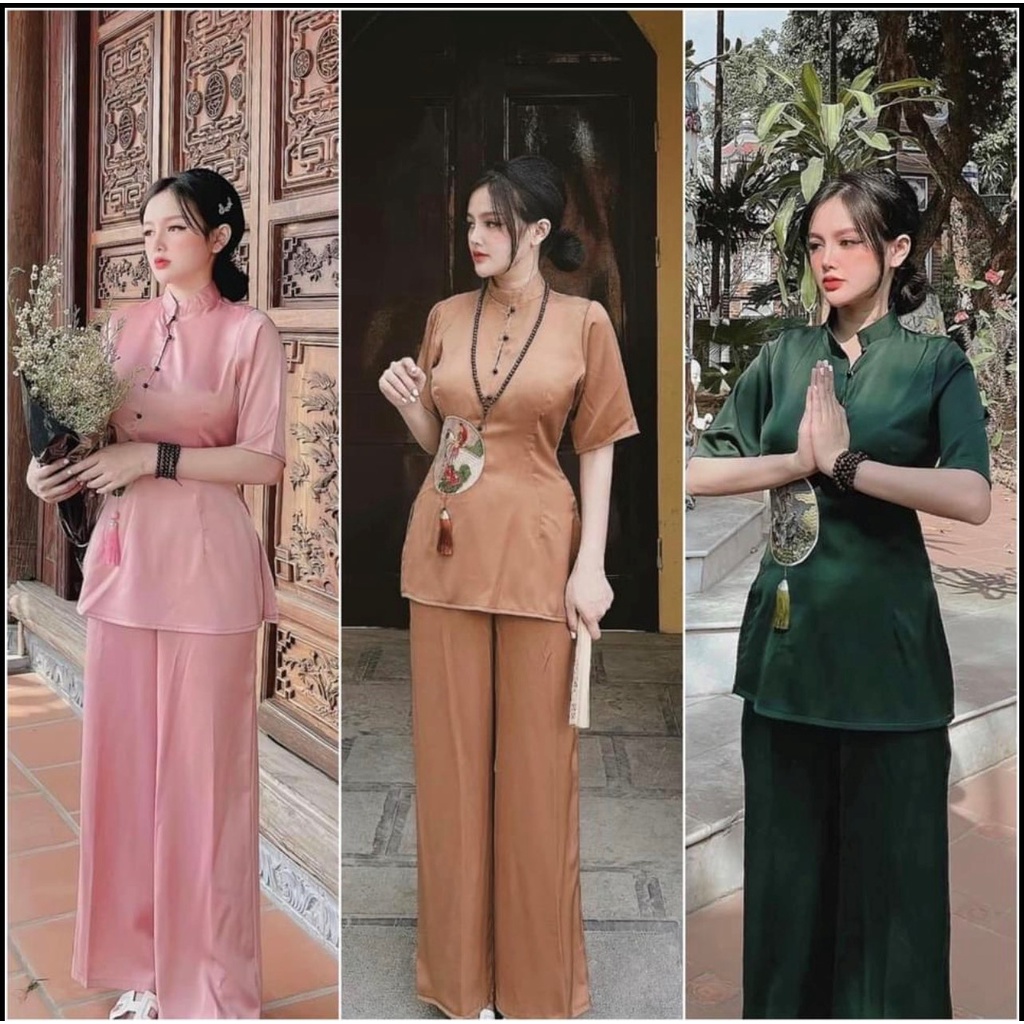Set Đồ Lam Đi Chùa Thêu Vải Lụa L10
